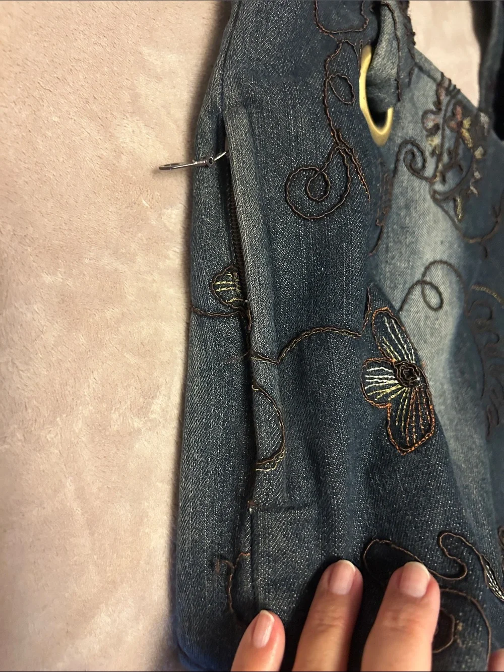 Denim Floral Embroidered Tote Bag - Blue